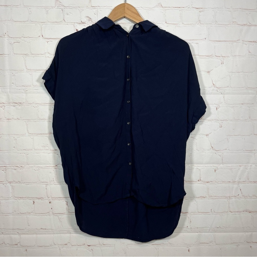 Madewell Blouse Womens XS Navy Blue Button Up High Low Top Tunic Short Sleeve